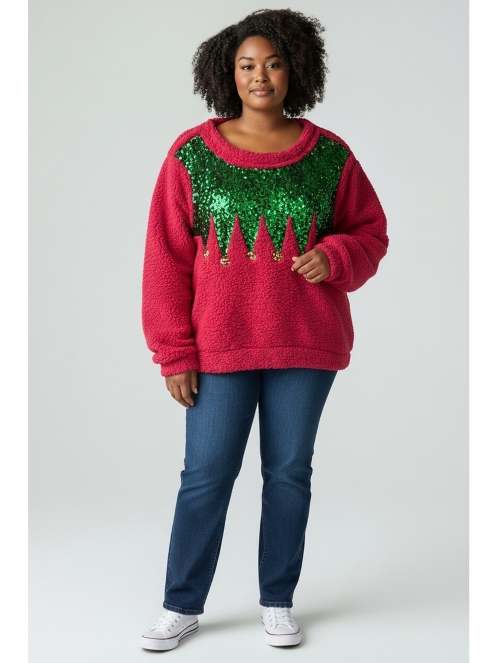 Chance or Fate Women's XL Holiday Elf Sequin Fleece Sweatshirt Red Green